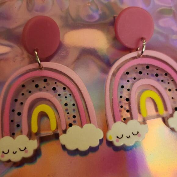 Handmade Plastic Pink Kawaii Rainbow Dangle Earrings - Picture 2 of 5